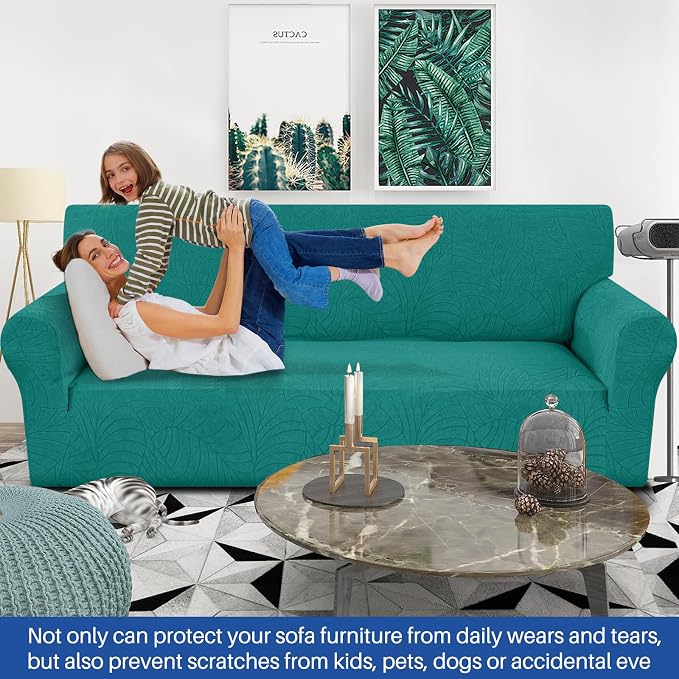 YEMYHOM Couch Cover Latest Jacquard Design High Stretch Sofa Covers for 3 Cushion Couch, Pet Dog Cat Proof Slipcover Non Slip Magic Elastic Furniture Protector (Large, Begonia Leaf Blackish Green) - Image 2