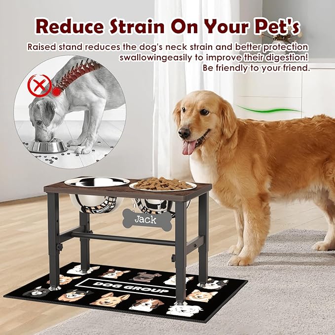SHAINFUN Elevated Dog Bowls with Slow Feeder & Mat for Medium and Large Dogs, 12" Tall Adjustable Wooden & Metal Raised Dog Bowl Stand, 2 Stainless Steel 58oz Bowls for Food & Water - Image 2