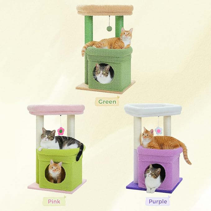 PEQULTI Indoor Cat Tree Tower Small Cats, Sisal Post & Cozy Condo, Purple | Private soft cat condo, soft top perch, natural sisal scratch posts, plush pom-pom toy for indoor kitties - Image 4
