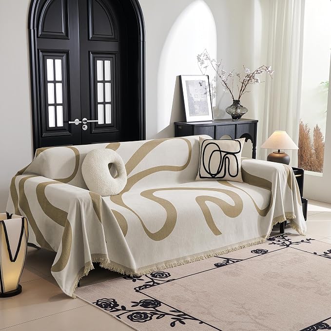 MYSKY HOME Boho Couch Cover Super Soft Couch Covers for 2-3 Cushion Couch Sofa, Modern Khaki Jacquard Sofa Slipcover Loveseat Futon Cover, Couch Covers for Sectional Sofa, 71" x 134", Khaki Curve by MYSKYHOME