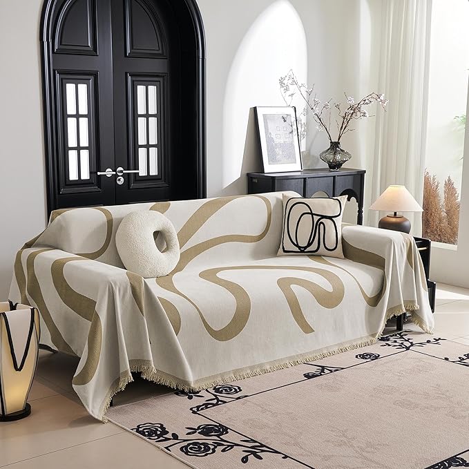 MYSKY HOME Couch Cover for 3 Cushion Sofa, Super Soft Boho Couch Covers for Dogs Washable, Jacquard Slipcover Furniture Protector for Living Room, 91" x 118", Khaki Curve by MYSKYHOME