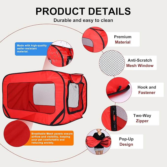 36 Inch Foldable Dog Kennel for Large Dogs, Portable Waterproof Pop-Up Pet Crate, Indoor Outdoor Travel Car Seat Kennel (Red) - Image 3