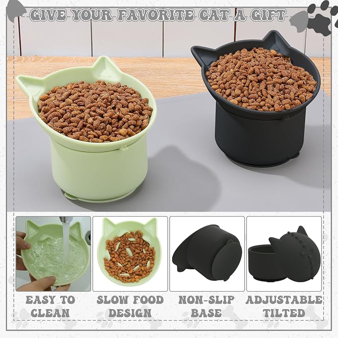 2 Pack Slow Feeder Cat Bowls Silicone Tilted Raised Pet Bowl | Non Slip Base for Digestion Anti Vomit - Image 4