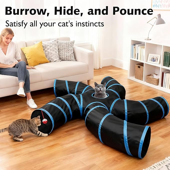 Joytale Cat Tunnel for Multiple Cats, 5-Way Indoor Tube Toy to Chase & Hide | Bell ball & Toy Mouse Included; Peekaboo Hole; Pops Open & Folds Into Zip Bag; Fits Cats to ~12 lb; Kittens & Rabbits Too - Image 7