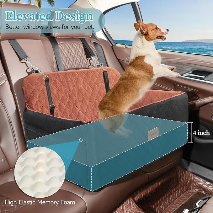 HEGGCOOE Dog Car Seat for Medium/Large Dogs, Pet Booster Seat for Under 55 lbs or 2 Small Dogs, Detachable & Washable Dog Car Bed for Backseat with 2 Safety Leashes(Black/Brown) - Image 2