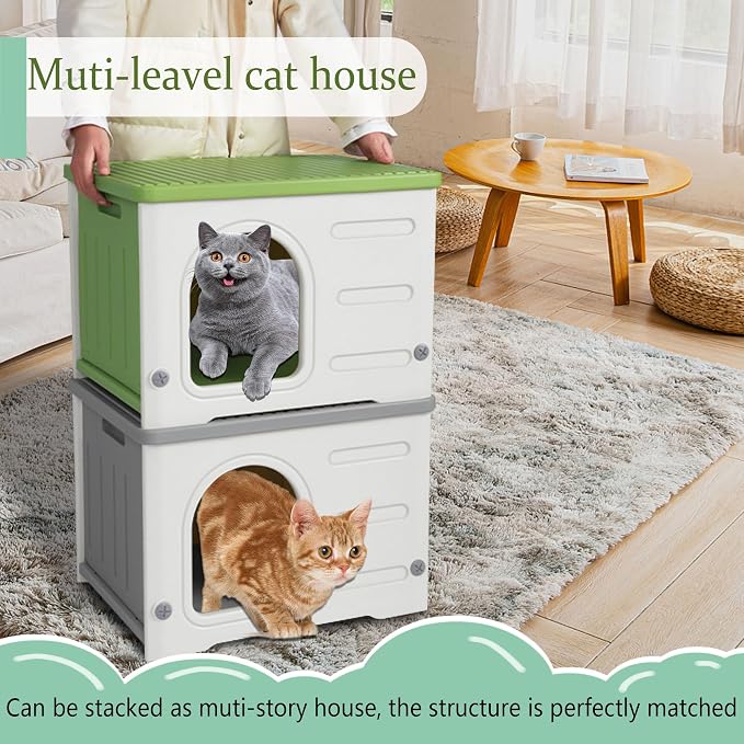 Plastic Cat House Outdoor & Indoor, Feral Cat Houses Waterproof Outdoor Cat House for Feral Cats, Outside Cat Shelter for Small Pet, Assemble and Clean Easily-Grey - Image 4