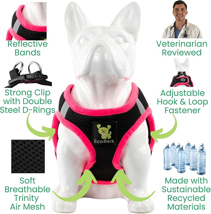 EcoBark Step in Dog Harness, Reflective & Adjustable Mini Body Halter Vest | Eco Friendly Teacup Dog Harnesses For XXS, XS & Small Dogs, Tiny Soft Mesh Toy Breed Harness, Size XXXS, Black & Pink - Image 4
