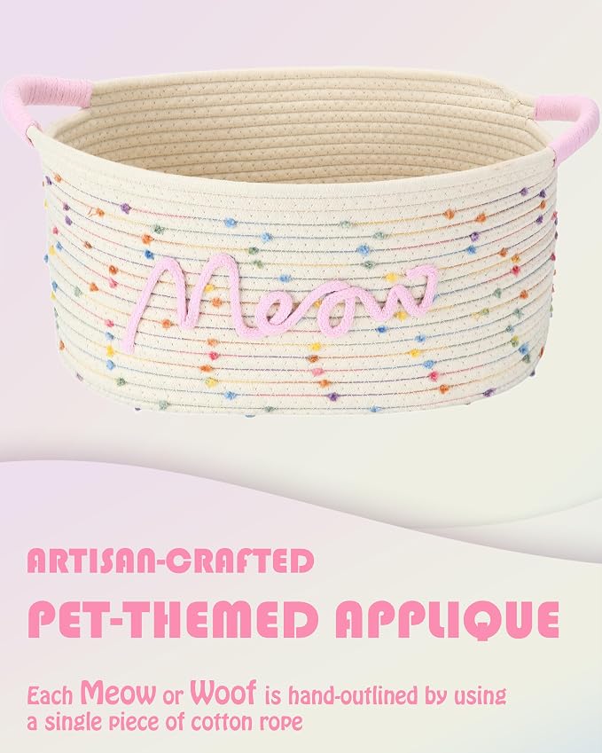 Sea Team Cat Toy Storage Basket with Handles, Rainbow Meow | Large Cotton Rope Storage Bin, Shelf Basket, Organizer for Pet Chew Toys, Foods, 16.5 x 11 x 7 Inches, 4.4 Gallons - Image 8
