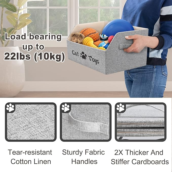 2X Thicker Large Cat Toy Bin Collapsible Cat Toy Box Sturdy Cat Toy Basket Kitten Toy Storage Bed for Organizing Cat Toys Treats Clothes and Accessories (Grey) - Image 3