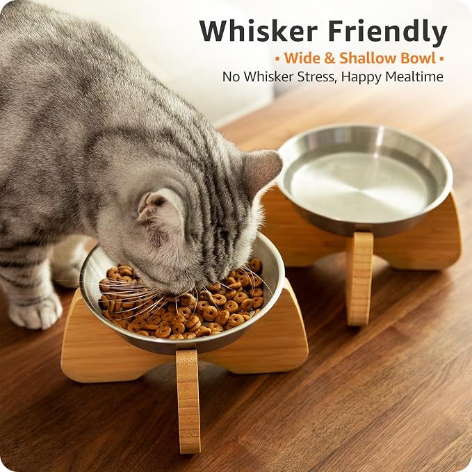 Raised Stainless Steel Cat Bowl with Bamboo Stand (1 Pcak) | Dishwasher Safe, Non-Slip Pads, Wide, Flat and Shallow Bottom, Anti Whisker Fatigue, Cute, Plate for Dry and Wet Food - Image 3