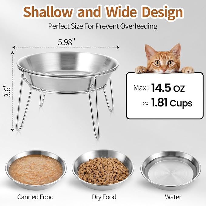 WROSWT Elevated Cat Bowls, 304 Stainless Steel Raised Cat Dishes with Stands, Wide Shallow Anti-Vomiting Kitten Feeder for Whisker Fatigue Relief, Food and Water Bowls Set for Indoor Kitten, 2 Set - Image 5