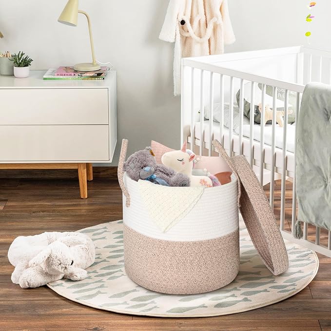 15”x13” Large Storage Basket with Lid, Blanket Basket Living Room, Woven Cotton Rope Baskets for Storage, Kids Toy Storage Bin, Tall Wicker Laundry Basket, Blankets Pillows Organizer Holder - Image 5