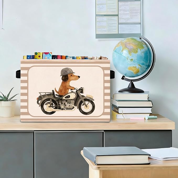 Motorcycle Dog Storage Bin, Beige Stripe Foldable Fabric Basket | Cute dog rider collapsible fabric organizer for nursery, bedroom, playroom, toys, books, and clothes - Image 3