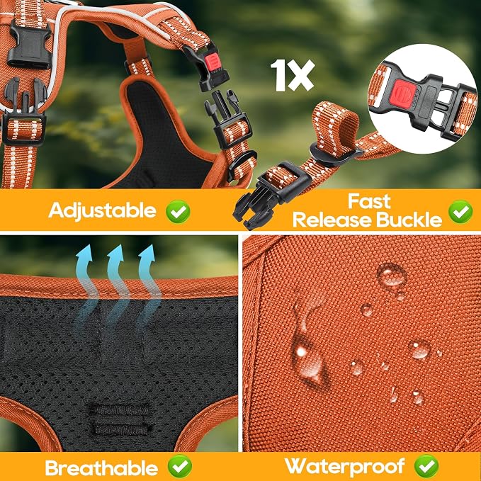 Timos Dog Harness Small Sized, Neck Quick Release with 3 Buckles, Orange, S | Easy On & Off, No Pull No Choke, Adjustable Reflective Soft Padded, Front & Back 2 Clips and Handle for Walking Training - Image 7