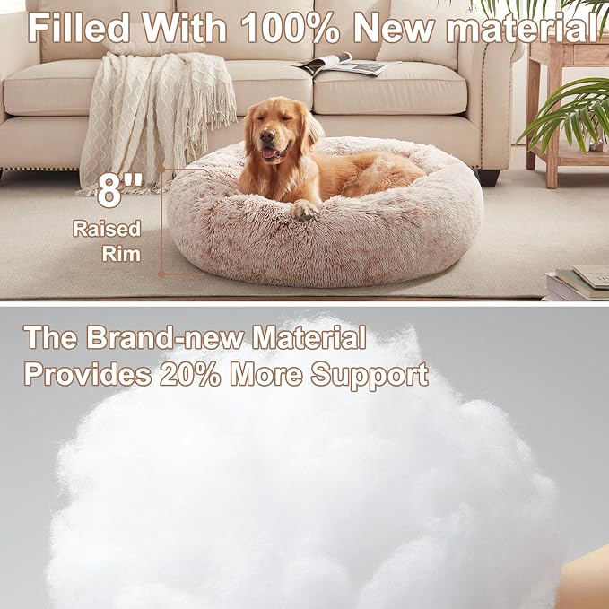 36 inches Faux Fur Fluffy Donut Dog Bed for Large Dogs,Brown | Calming Plush Round Pet Bed with Removable & Washable Cover,Fits up to 80 lbs Pets - Image 3