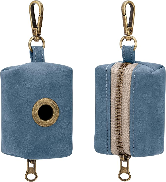 Didog Dog Poop Bag Holder for Leash, Stylish PU Leather, Blue | Easy Clean for Daily Walking, Quick to Install on Leash & Harness, Easy-Pull with Metal Clip, Includes 1 Roll Pet Waste Bag - Image 2