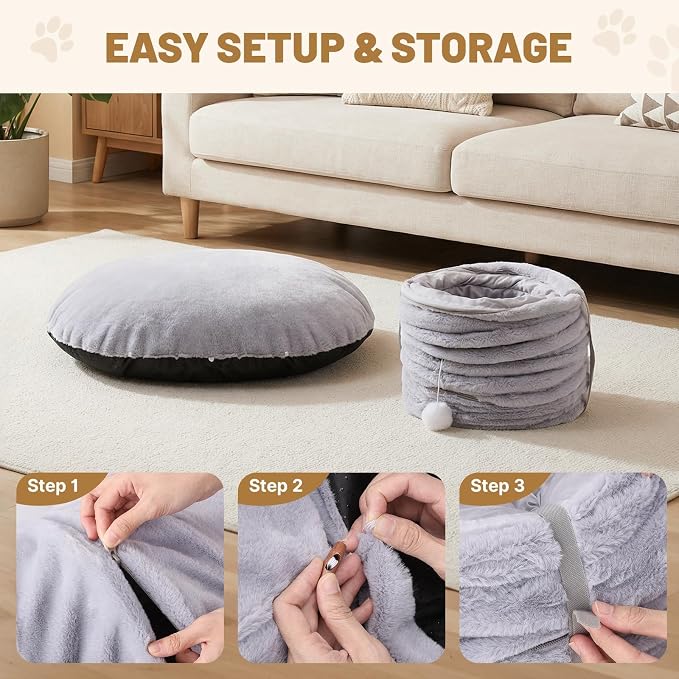 Extra Large Cat Tunnel, 47.2in Multi-Cat Family Big Cat Tunnel for Cats | Long Cat Tunnel Bed with Washable Plush Mat, XXL Pet Play Tunnel Toy for Cats, Puppy, Rabbits Grey - Image 8