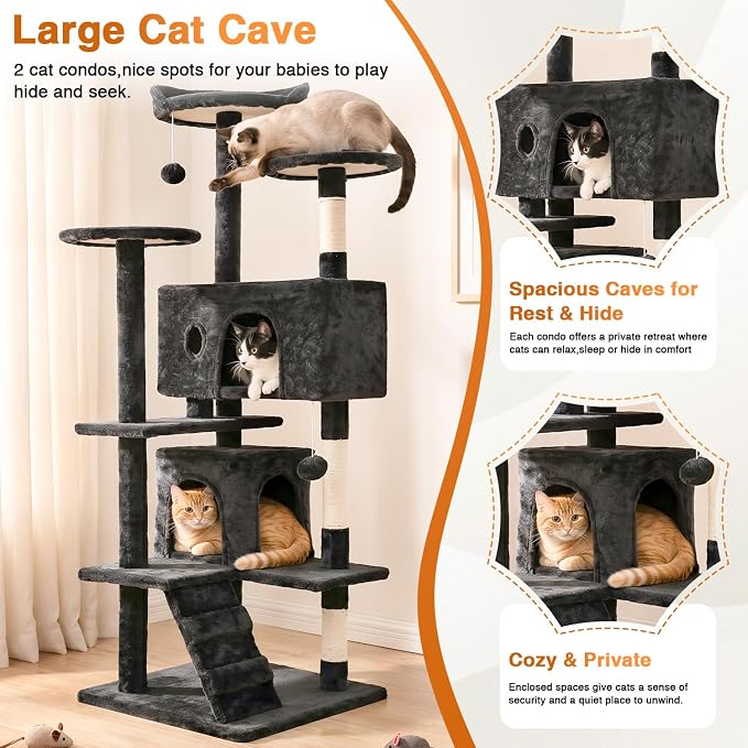 FDW | 54" Cat Tree Tower | Dark Gray | Multi-Level Indoor Activity Center | with Sisal Scratching Posts, Condos, Plush Perches, Hanging Cat Toys | Sturdy, Easy to Assemble | for Kittens & Adult Cats - Image 5