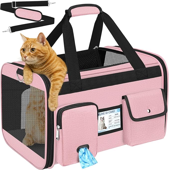 HUANLANG Large Cat Carrier Soft Sided Travel Pet Carrier Airline Approved | Dog Carriers for Small Dogs Medium Cats,Collapsible,3 Storage,zipper lock,Reflective strips,Luggage Strap, Up to 15 L,Pinkbs by HUANLANG