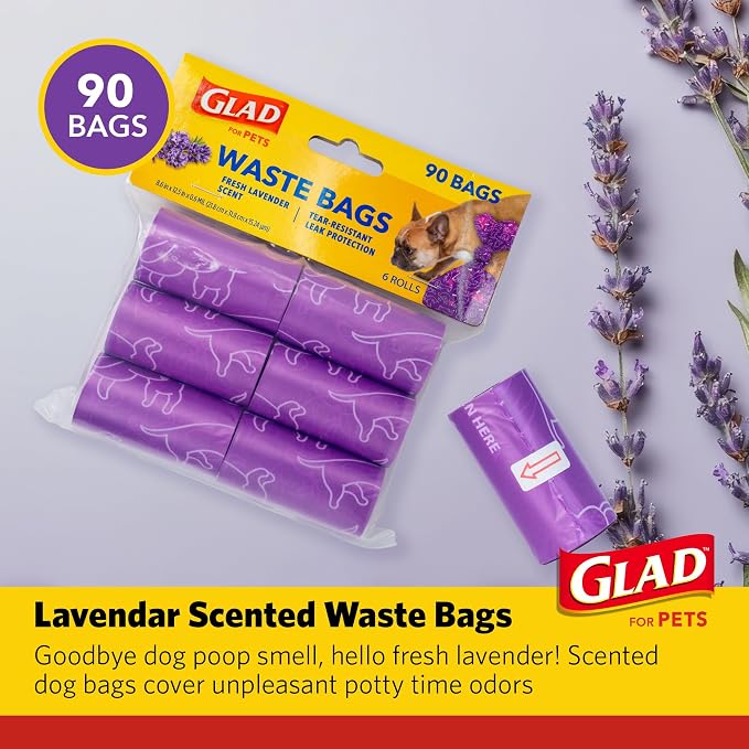Glad for Pets Scented Dog Waste Bags, Lavender Scent, Purple, 90 Count | Tear-resistant with leak protection, fresh lavender scent, fun purple design, 6 rolls, heavy-duty daily use - Image 2