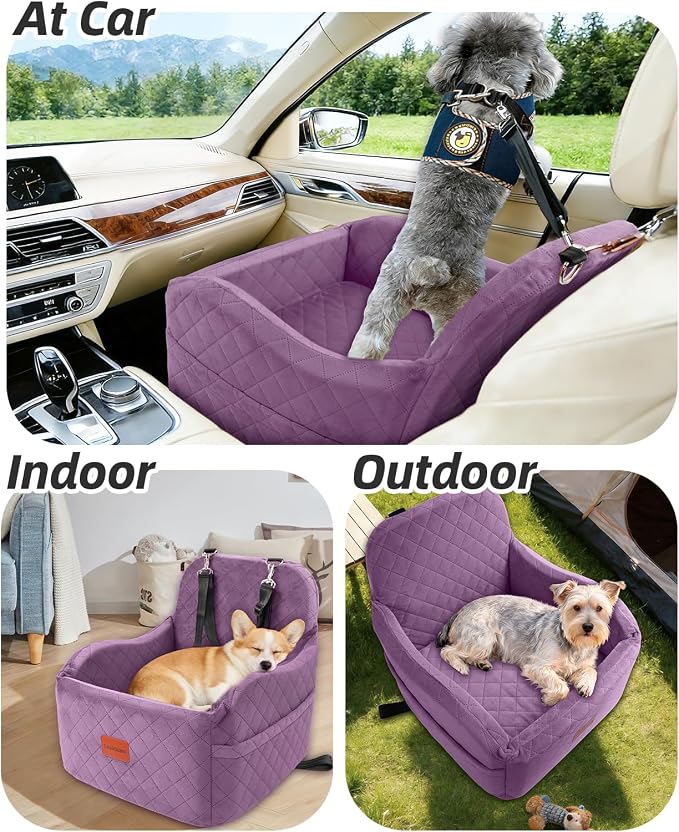 Lealchum Dog Booster Car Seat for Small/Medium Dogs,Puppy Portable Car Bed with Elevated Cushion,Fully Detachable and Washable,2 Storage Pockets,Easy to Install (Purple, Medium) - Image 6