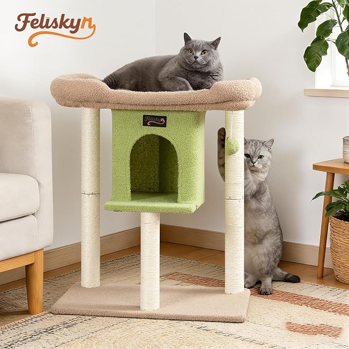 Cat Tree Tower Scratching Post for Indoor Large Adult Cats with Perch Bed | 28in Tall Small Cat Trees House with Big Perch, Condo, Toy Balls, Modern Kitten Climbing Furniture Platform, Green - Image 7