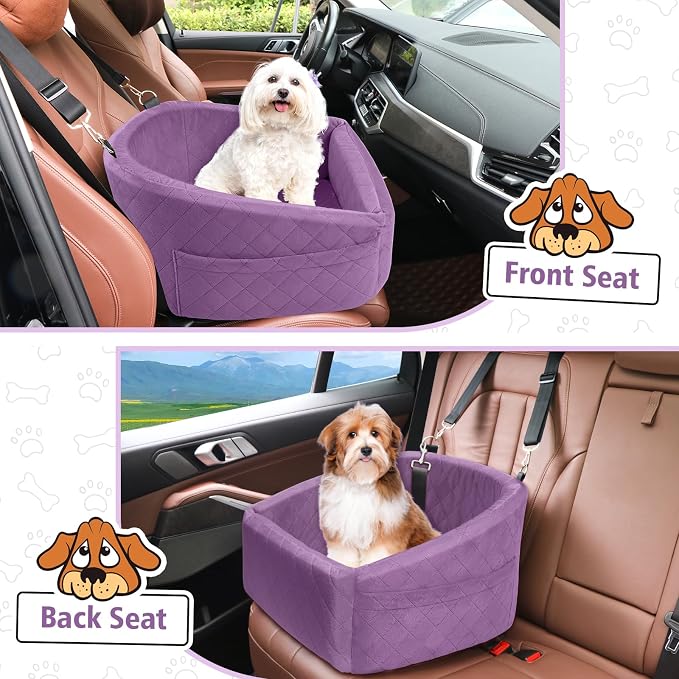 NEEZUKAR Dog Car Seat for Small Medium Dogs,Detachable Washable Dog Booster Seat Under 30lbs, Pet Car Seats Travel Bed with Storage Pockets and Safety Belt (Purple) - Image 6