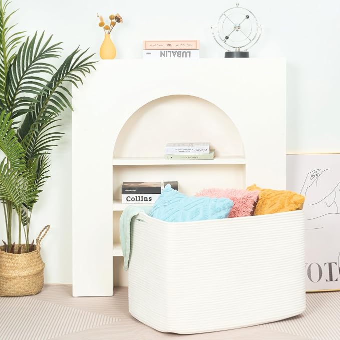 MINTWOOD Design 112L Extra Large Blanket Basket Holder Living Room, 25"x17"x16" Rectangle Rope Woven Storage Basket with Handles for Laundry, Towels, Shoes, Dog Toy Organizer Bin Box, Creamy White - Image 6