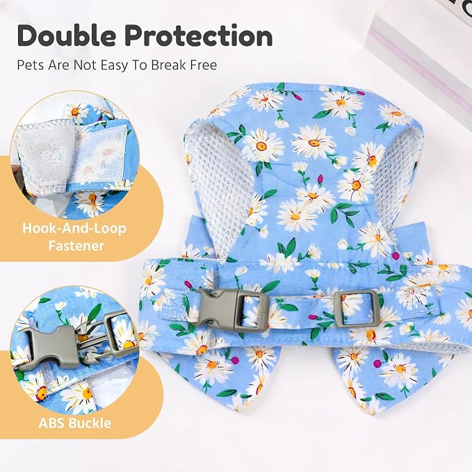 BAEJMJK Dog Harness and Leash Set with Bow Knot No Pull Pet Daisy Floral Harness with D-Ring Soft Mesh Dog Harness Vest Set Escape Proof Princess Puppy Harness for Small Girl Dogs Cats（Blue B S） - Image 6