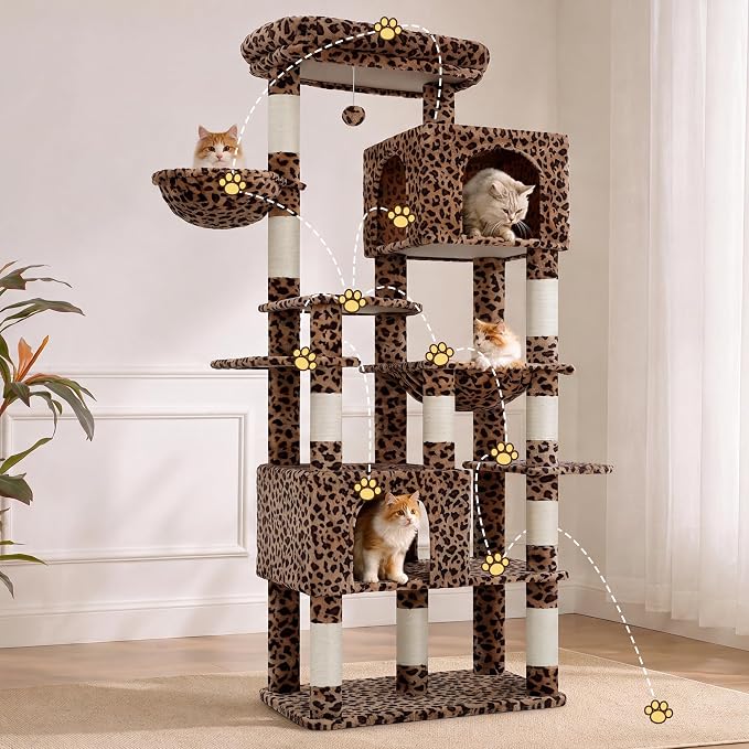 Heybly Cat Tree, 76-Inch Tall Heavy Duty Cat Tower for Big Cats HCT039BW | Multi-Level Large Cat Furniture with Extra Wide Baseboard, 2 Condos & 2 Hammocks, 10 Scratching Posts, Leopard Print - Image 8