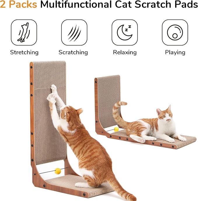 FUKUMARU Cat Scratcher for Indoor Cats, 26.8 Inch Cat Scratch Pad L Shaped | 2 Packs Cardboard Cat Scratcher, Vertical Cat Scratching Board with Ball Toy, Walnut Color - Image 3