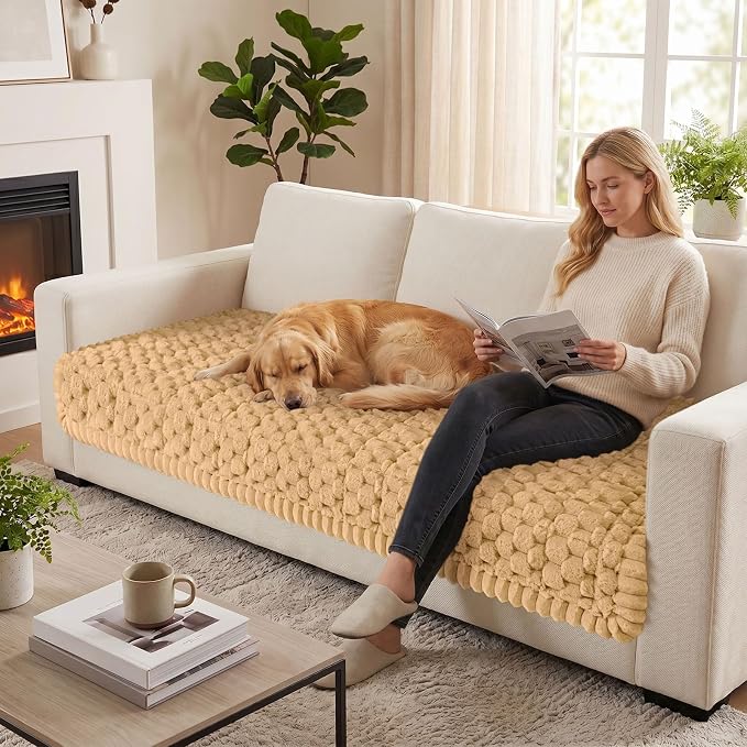 Smiry Non Slip Couch Covers for Dogs, Scratch Resistant Pet Sofa Protector | Machine Washable Soft Fuzzy Thick Furniture Cover for Sofa Loveseat Sectional Large Dogs, Camel, 35.4" x 95" - Image 5