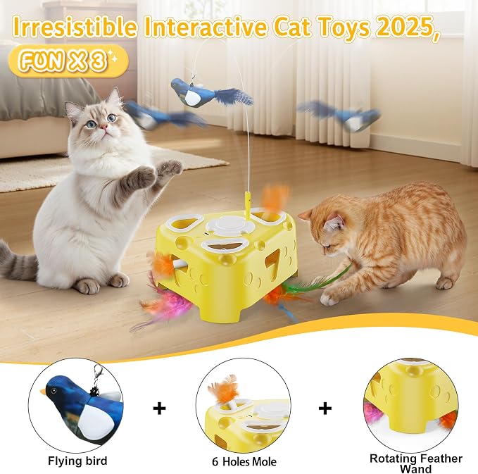 Automatic Cheese-Shaped Interactive Cat Toy – Flying Bird, 6-Hole Mole & Rotating Feather | USB Rechargeable Electronic Feather Toy for Indoor Adult Cats & Kittens, Relieves Boredom | Cheese-shaped non-slip base, 3 play modes, USB-C rechargeable 1200mA... - Image 2