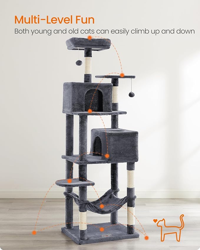 Feandrea Cat Tree, 73.2-Inch Tall Cat Tower, Plush Multi-Level Condo with 5 Scratching Posts, 2 Perches, 2 Caves, Hammock, 2 Pompoms, Smoky Gray UPCT191G01 - Image 4