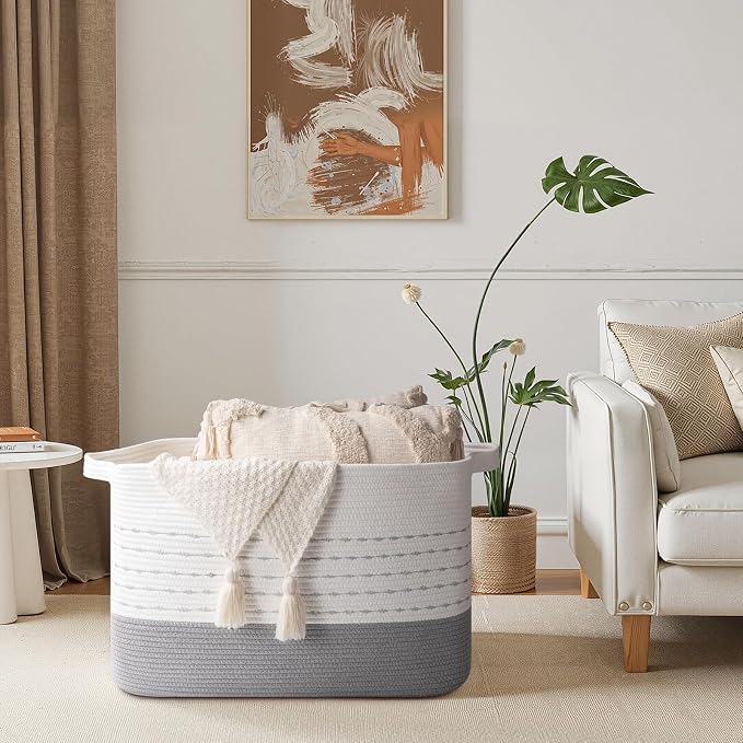 OIAHOMY 108L Extra Large Blanket Basket, 25”x16”x16” Rectangle Woven Cotton Rope Baskets for Living Room, Toy Storage with Handle- Gradient Grey - Image 2