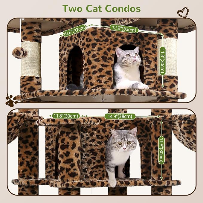 Globlazer Big XXL Cat Tower for Indoor Multiple Cats, F80, Leopard Print | 80 inch Cat Tower for Adult Cats Cat Tree with Scratching Post, Hammock, 3 Perches, 2 Condos, 2 Hanging Basket - Image 4