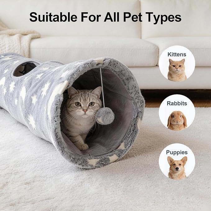PAWISE Cat Tunnel for Indoor Cats, Glow in Dark Cat Tunnels with Pop-Up, 3-Way Collapsible Cat Play Tunnel Toy for Cats Kittens Rabbits, with Hanging Ball & Bell - Image 5