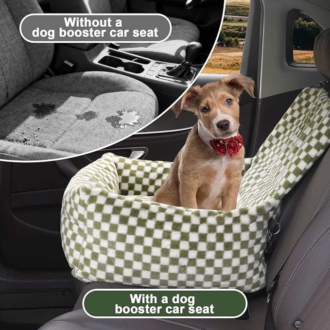 Dog Car Seat for Small Dogs,Medium Dog Car Bed with Detachable Washable Cover,Pet Puppy Booster Cars Seats with Safety Belt Up to 30 lbs(Grid Green) - Image 8