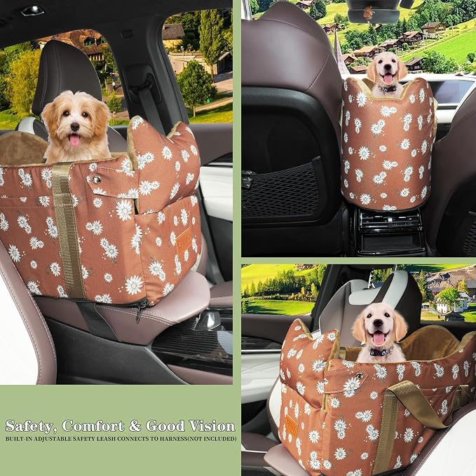 Dog Car Seat for Small Dogs 5-15 lbs,Cofe Color | Pet Travel Booster Seat with Safety Leash, Detachable Seat Belt,Storage Pockets - Image 2