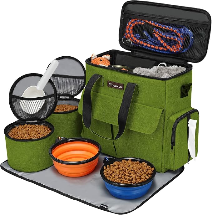 Modoker Weekend Dog Travel Bag Set with 2 Food Bags, 2 Bowls and Mat,Green | Dog Travel Accessories Organizer for Camping and Road Trips with Roomy Storage, Multiple Pockets and Water-Resistant Oxford - Image 7