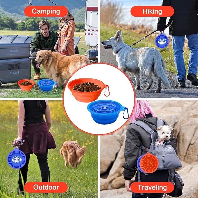 Large Collapsible Dog Bowls (34oz), 2 Pack 2 Colors Pet Travel Foldable Bowl and Slow Feeding Frisbee with Carabiners, Healthy, Soft Silicone, Portable Essential Set for Walking, Travel, and Hiking - Image 8
