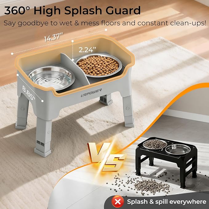 URPOWER Mess Proof Elevated Dog Bowls, Splash Guard Raised Bowl Stand | 4 Adjustable Heights, 2 Stainless Steel Bowls, Food & Water Separation, Non-Slip Base, Foldable Design for Small Dogs - Image 3