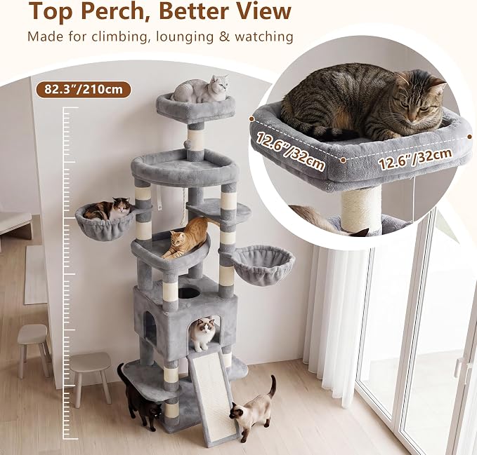 Heybly Cat Tree, 82.7″ Extra Tall Cat Tower for Large Cats Adult HCT063W | Giant Cat Condo with Multi-Level Platforms, 2 Baskets, Spacious Cat Cave, Wide Sisal Scratching Board, Light Gray - Image 2