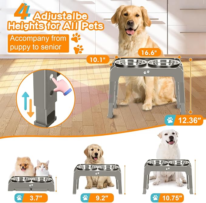 Elevated Bowls, 4 Height Adjustable Raised Stand With 2 Thick 50oz Stainless Steel Food Bowls, Non-Slip Feeder for Dogs, Adjusts to 3.7", 9.2", 10.75", 12.36" Light Brownish Gray - Image 2