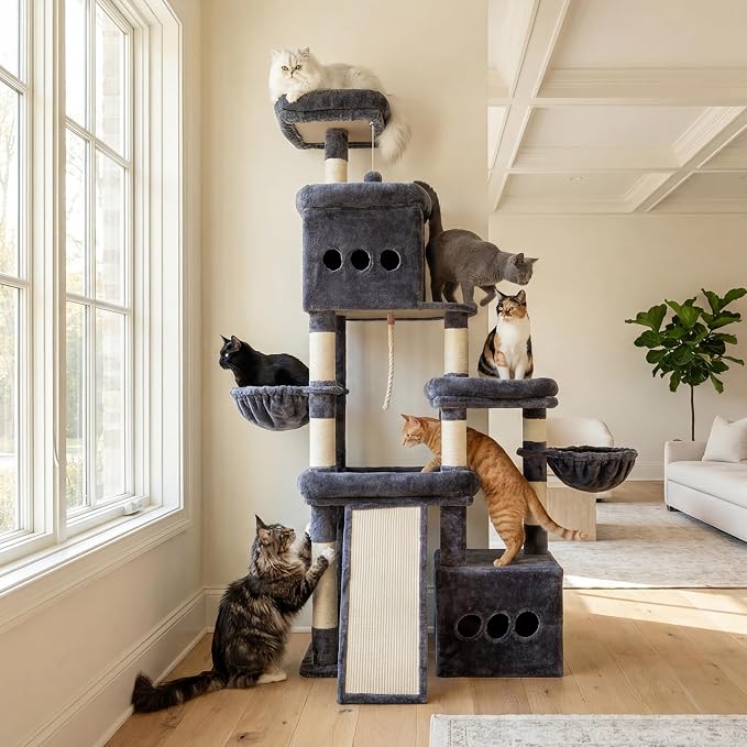 Heybly Cat Tree 72.4-Inch Anti-Tip Cat Tower with Spacious Perches HCT060G | All-in-One Cat Furniture for Large Cats, Multiple Interactive Areas, Extra-Large Sisal Scratching Board, Smoky Gray - Image 9