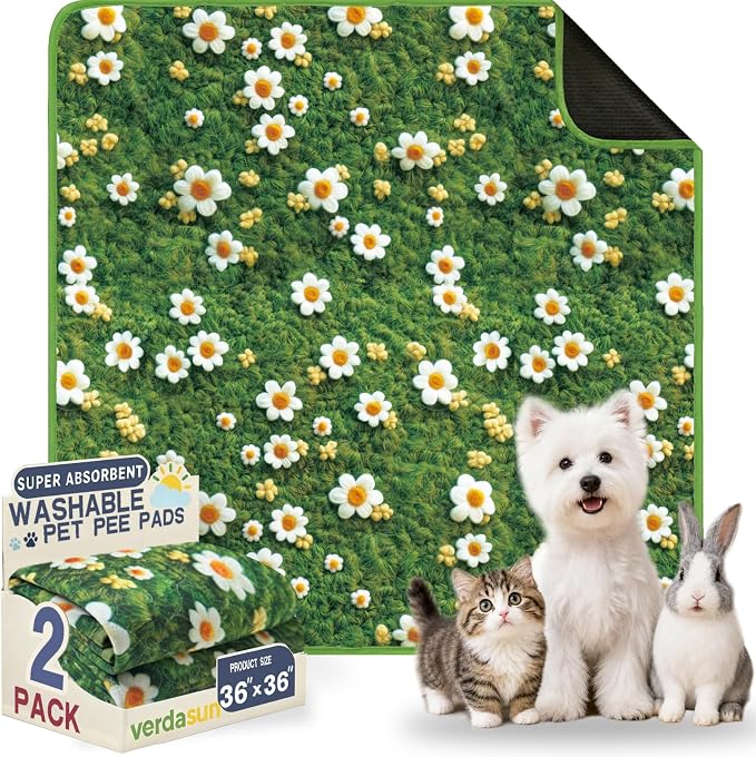 Washable Pee Pads for Dogs, Reusable Puppy Potty Training Pads, Ultra-Absorbent Thick Waterproof Leak-Proof Non-Slip Pads & Mat for Crate, Playpen, Floor, Whelping & Housebreaking , 2 Pack 36"x36" by Verdasun