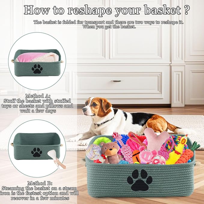 2 pack Woven Dog Toys Basket, 100% Cotton Rope Dog Toy Box for Living Room Area, Trapezoid Pet Toys Bin with Sturdy Handle, Puppy Bed, Green Baskets for Pet Toys/Collar/Leash/Blanket - Image 5