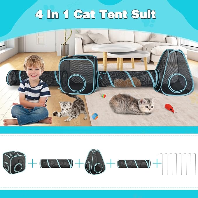 Outdoor Cat Enclosure, 9.45 ft Pop-Up Cat Tent with Tunnel Kit | 4-Piece Kit with 2 Tunnels, 33.86 x 11.81 in Tubes, Breathable Mesh, Pop-Up Setup, Storage Bag, DIY Layouts, Cats - Image 2