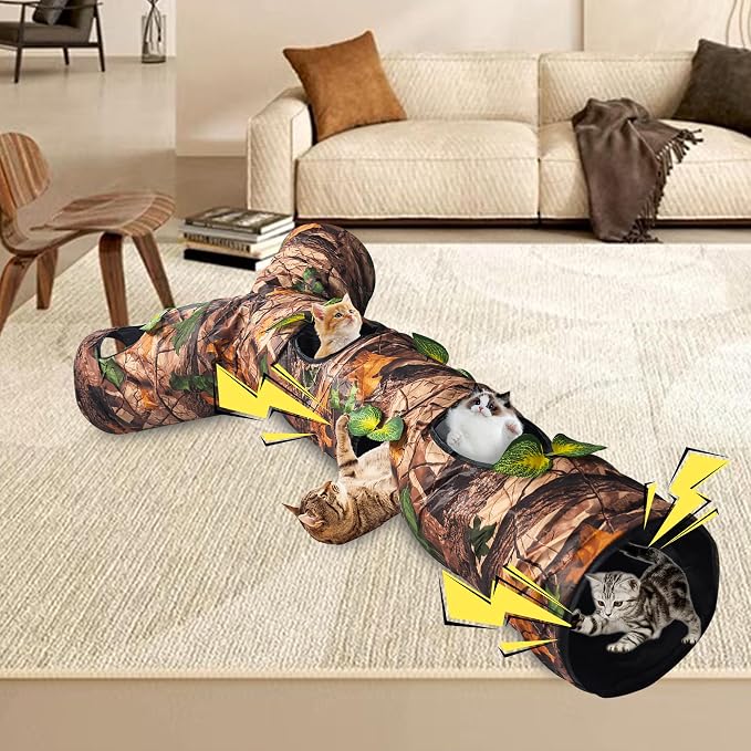 Cat Tunnels for Indoor Cats Large, 3 Way Cat Tunnel with 5 Holes and Leaves, Cat Tunnel Toy with Loud Paper - Pop Up Collapsible - Connect More Tunnels for Large Cat, Puppy, Kitten - Image 2