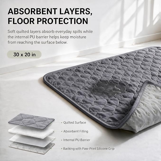 2-Pack Washable Cat Litter Mats, 30 x 20 in, Sage Green/Grey | Absorbent quilted layers with PU barrier, paw-print silicone grip, 2 pockets and 6 empty cotton pouches; catnip not included. - Image 3